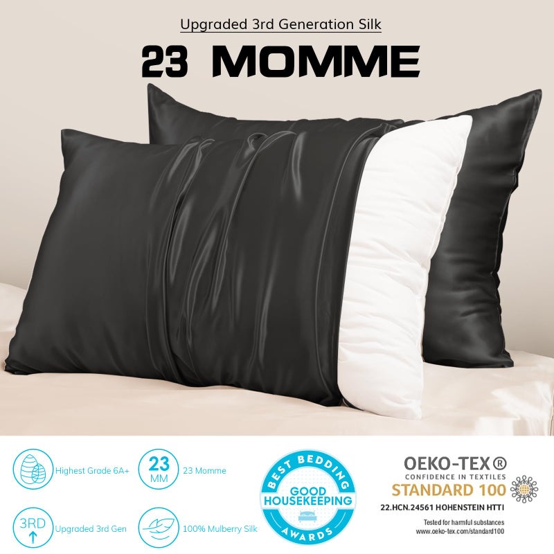 PROMEED غطاء وسادة PROMEED 23 Momme حرير 2 عبوة بسحاب، الجيل الثالث من الدرجة 6A+ 100% كيس وسادة من حرير التوت مجموعة من 2، أغطية وسائد تبريد للنوم الحار (كوين 20 بوصة × 30 بوصة، أسود) - Image 2